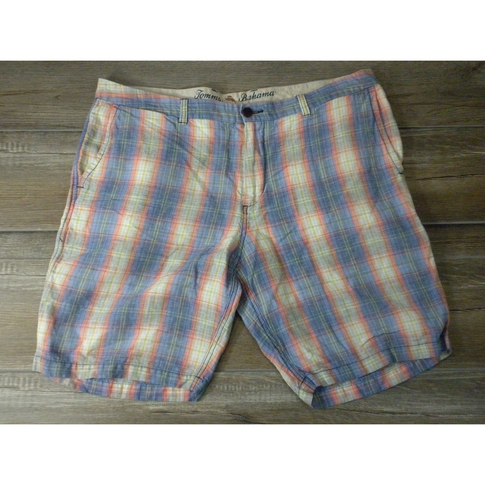 Tommy Bahama Shorts Mens 38 Blue Pink Plaid Linen Blend Coastal Casual Island
